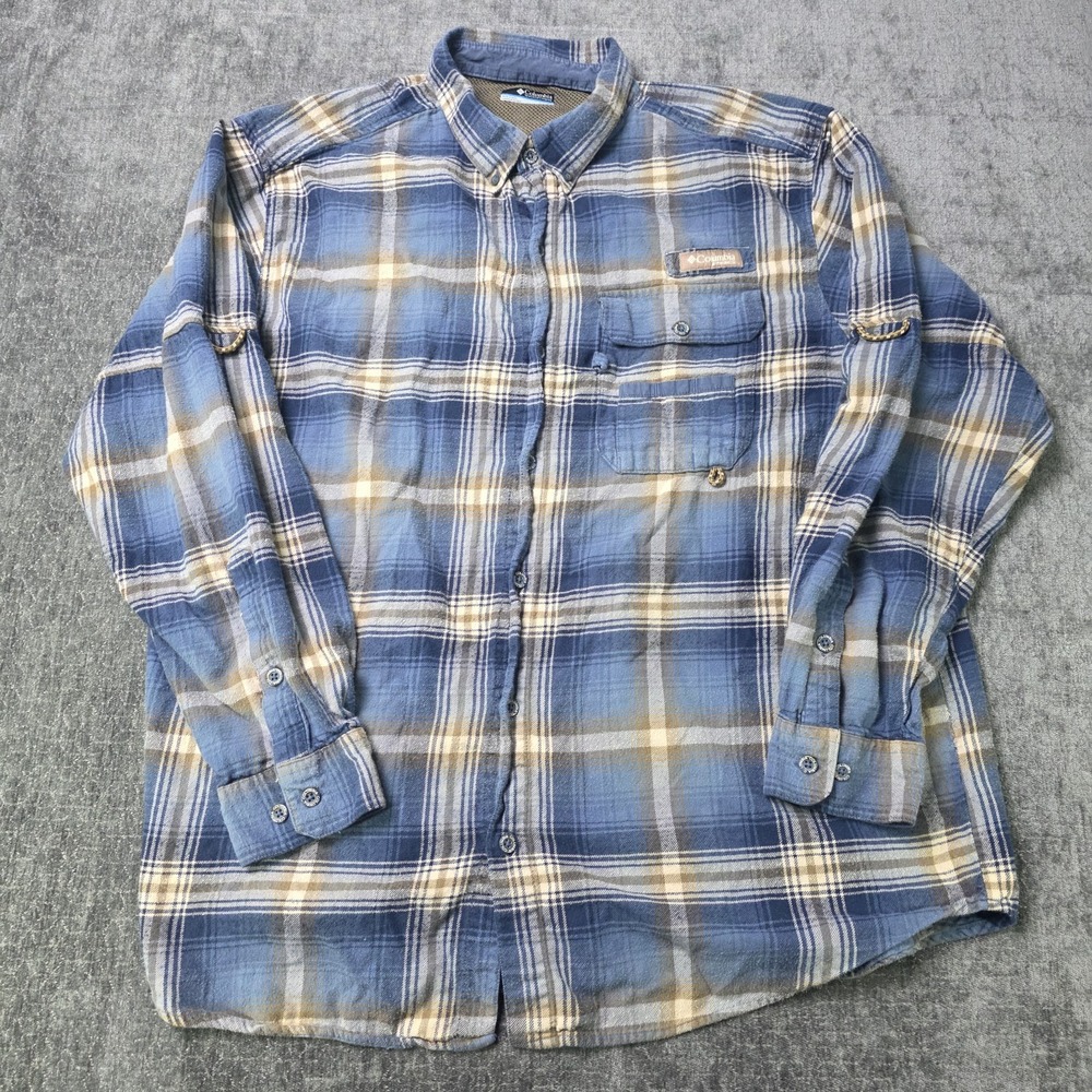 Columbia PHG Vented Plaid Flannel Shirt Mens XL Blue Hunting Outdoor Hiking